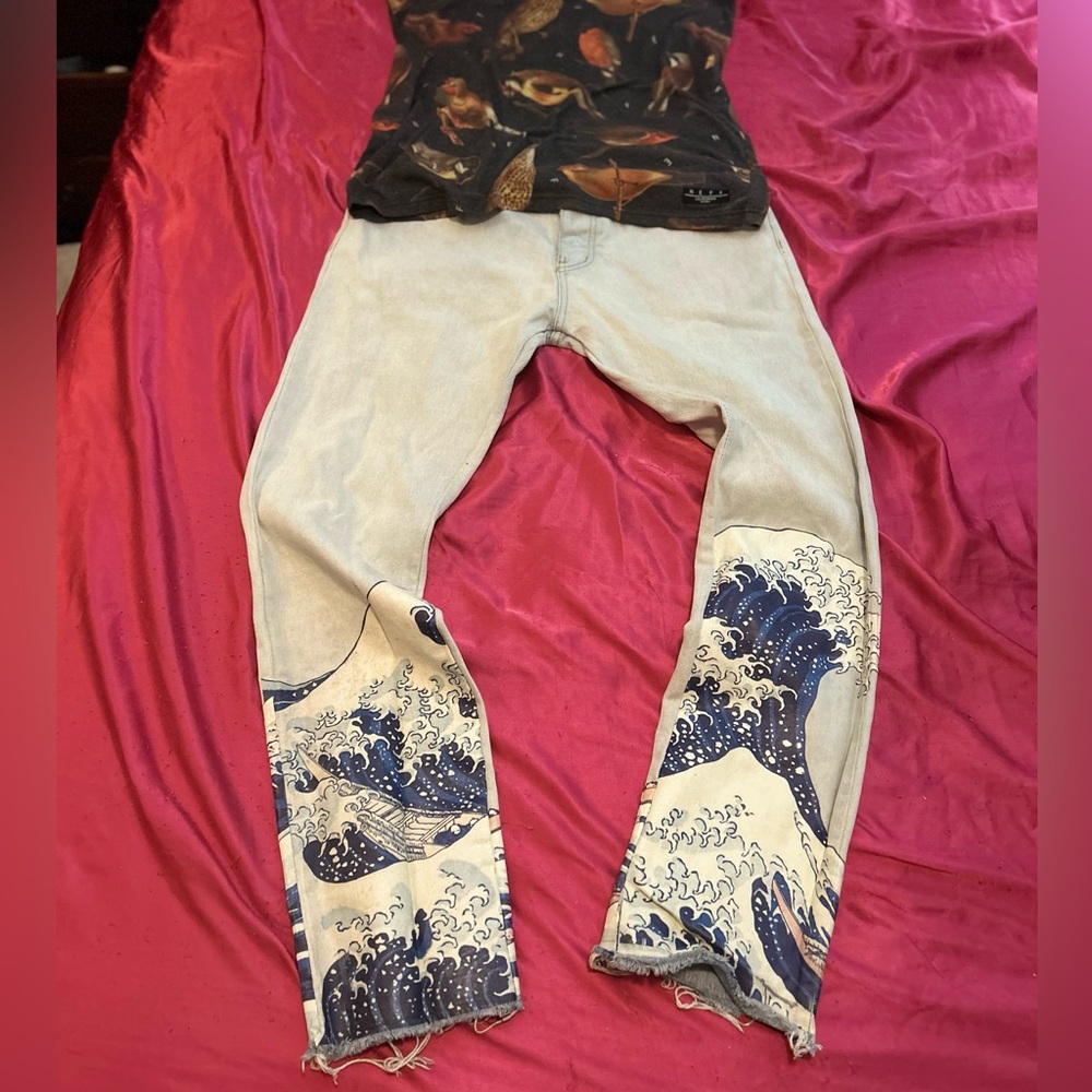 MNML Brand Light Wash Japanese Wave Jeans 33x34 Slim Fit